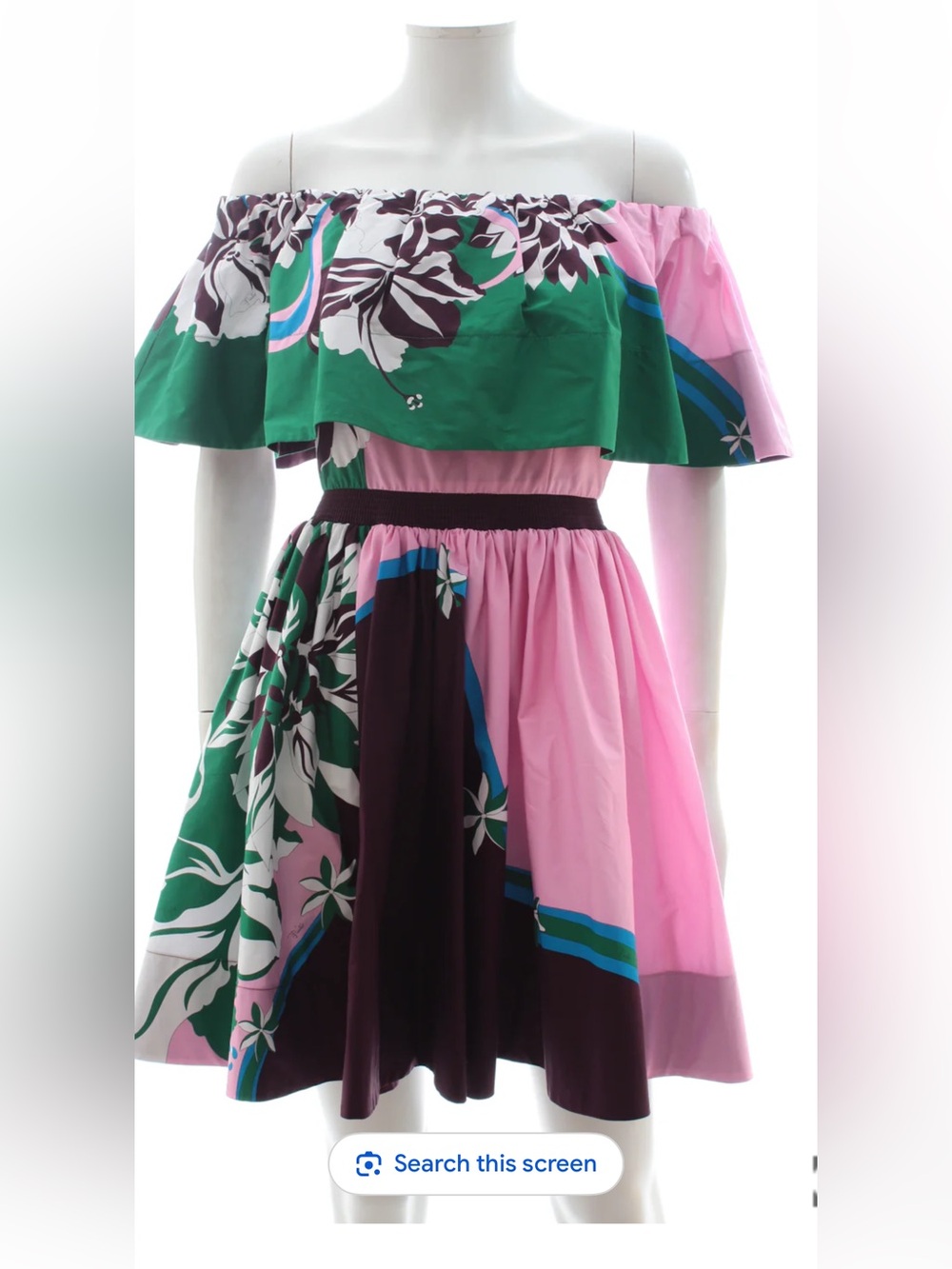 Off-Shoulder Floral Fit-and-Flare Dress in Pink, Green & purple  Emilio pucci